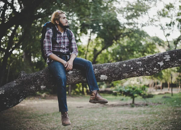 Young Hiker Take Rest Enjoy Nature Travel Concept — Stock Photo, Image