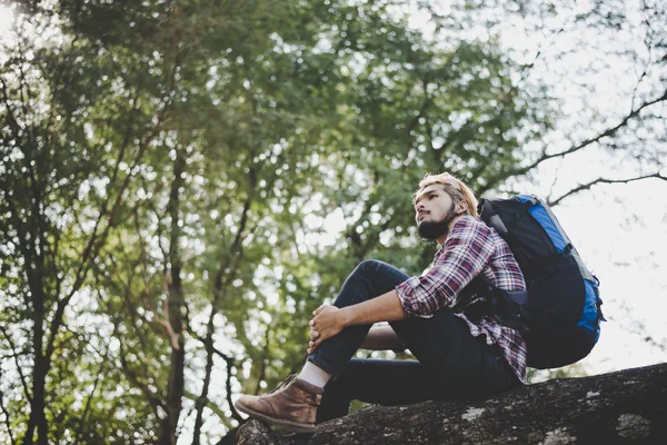 Bir Ağaç Dalı Parkta Oturan Genç Hipster Adam — Stok fotoğraf