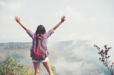 Uzun yürüyüşe çıkan kimse kaldırdı elleriyle bir dağın tepesinde duran ve doğa manzarayı sırt çantası ile.