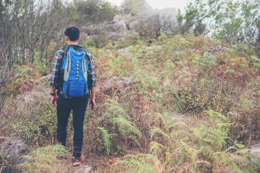 Dağ izi kadar hareketli sırt çantası ile genç uzun yürüyüşe çıkan kimse, gezgin üstesinden sergüzeşt seyahat etmek ve keşif.