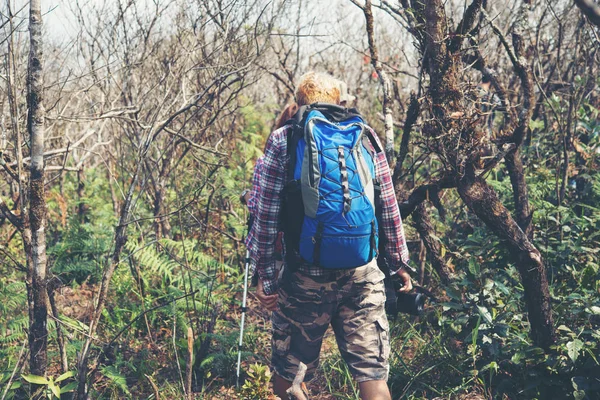 Primer Plano Amigos Caminando Con Mochilas Bosque Desde Atrás — Foto de Stock