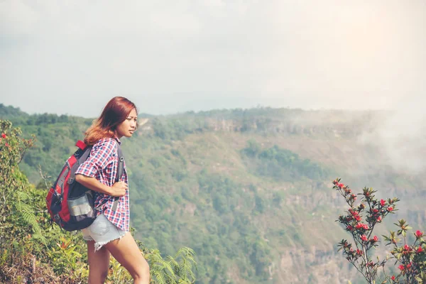 Hike with backpacks standing on top of a mountain and enjoying nature view.