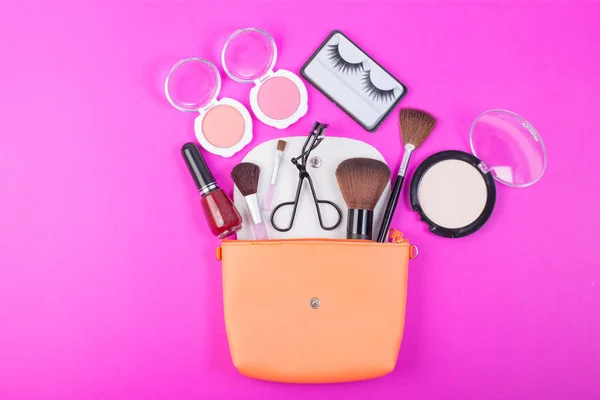Top View Make Bag Cosmetic Beauty Products Spilling Out Pink — Stock Photo, Image