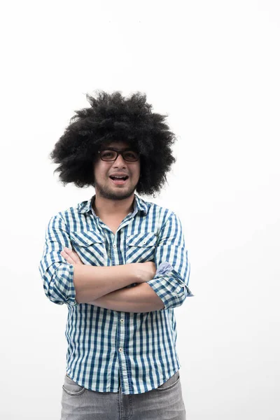 Άνθρωπος Αστεία Σγουρά Μαλλιά Που Απομονώνονται Λευκό Φόντο — Φωτογραφία Αρχείου