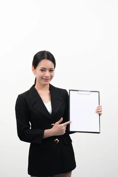 Porträt Einer Geschäftsfrau Mit Dokumenten Auf Weißem Hintergrund — Stockfoto
