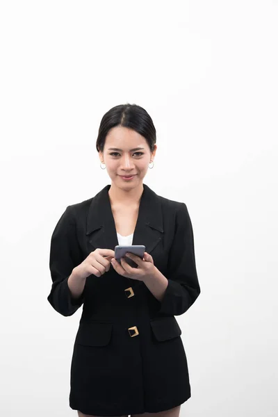Portrét Jistý Podnikání Ženy Mluví Mobilní Telefon Izolovaných Bílém Pozadí — Stock fotografie