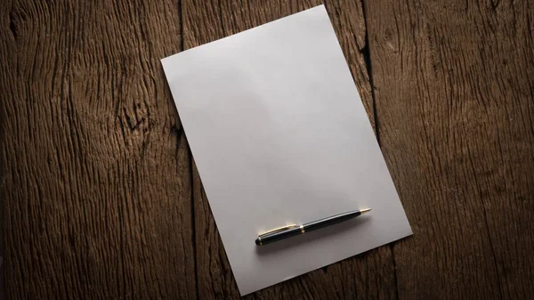 Blank Sheet Paper Pen Wooden Table — Stock Photo, Image