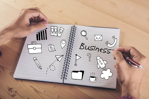 Close Businessman Hands Writing Notebook Business Doodle Icon Business Concept — Stock Photo, Image
