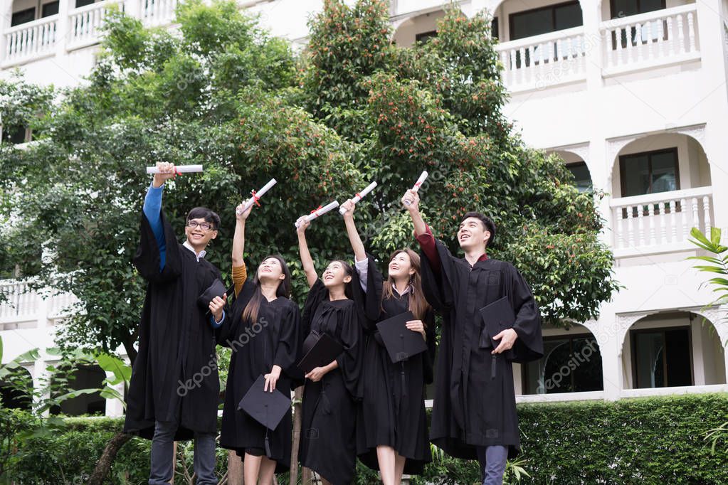 Group of Diverse International Graduating Students Celebrating Success, Education goal concept