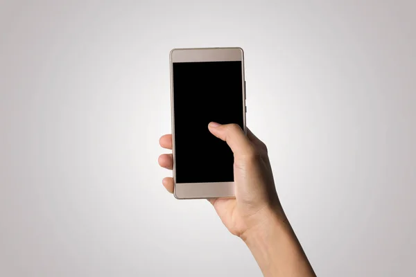 Mulher Mão Segurando Tela Branco Telefone Inteligente Espaço Para Cópia — Fotografia de Stock