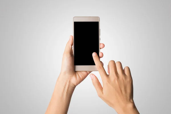 Mulher Mão Segurando Tela Branco Telefone Inteligente Espaço Para Cópia — Fotografia de Stock