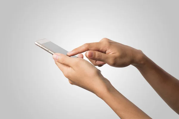 Mulher Mão Segurando Tela Branco Telefone Inteligente Espaço Para Cópia — Fotografia de Stock