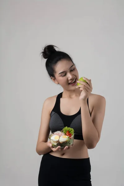 Portrait Attractive Smiling Woman Holding Apple Salad Isolated White Background — Stock Photo, Image