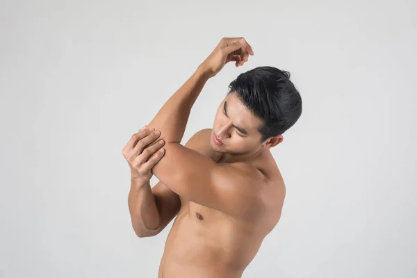 Portrait Muscle Man Having Elbow Pain Isolated White Backgroun — Stock Photo, Image