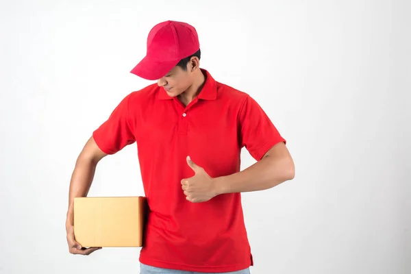 Handsome Young Delivery Man Box Isolated White Background — Stock Photo, Image