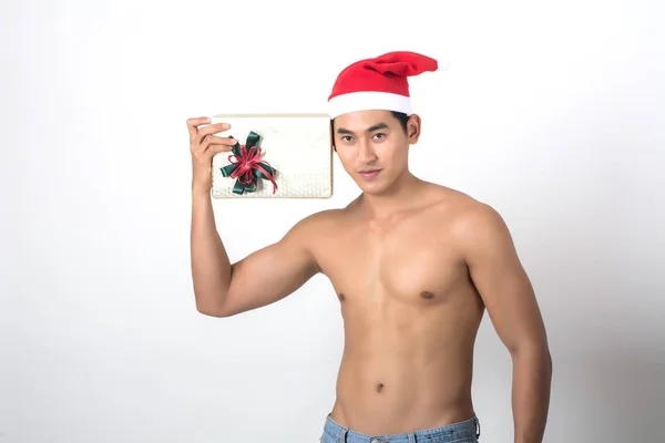 Whit Üzerinde Izole Noel Baba Kostüm Giymiş Seksi Kaslı Adam — Stok fotoğraf
