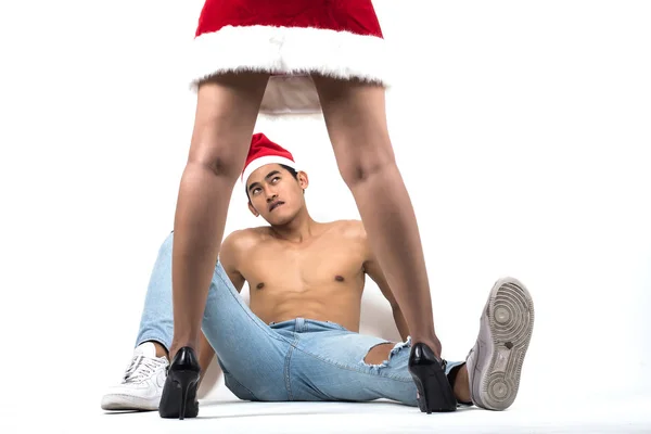 Pareja Navidad Con Sombreros Rojos Papá Noel Juego Sexo Erótico —  Fotos de Stock
