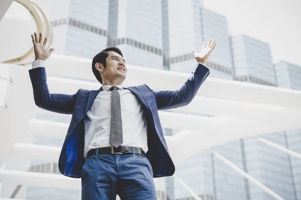 Portrait Happy Businessman Standing Front Business Center — Stock Photo, Image