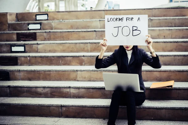 Unemployed Woman Desperately Looking Job Holding Need Job Sign — Stock Photo, Image