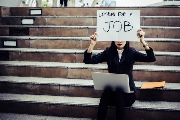 Unemployed Woman Desperately Looking Job Holding Need Job Sign — Stock Photo, Image