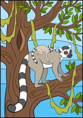 Çocuklar için karikatür hayvanlar. Onun bebek ile anne lemur.