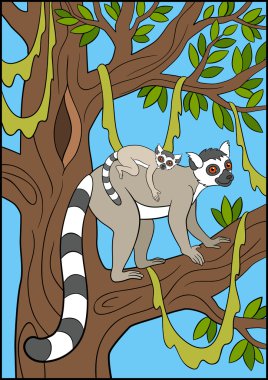 Çocuklar için karikatür hayvanlar. Onun bebek ile anne lemur.