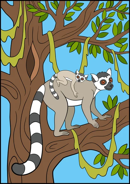 Cartoon animals for kids. Mother lemur with her baby. — Stock Vector