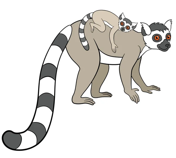 Cartoon animals for kids. Mother lemur with her baby. — Stock vektor