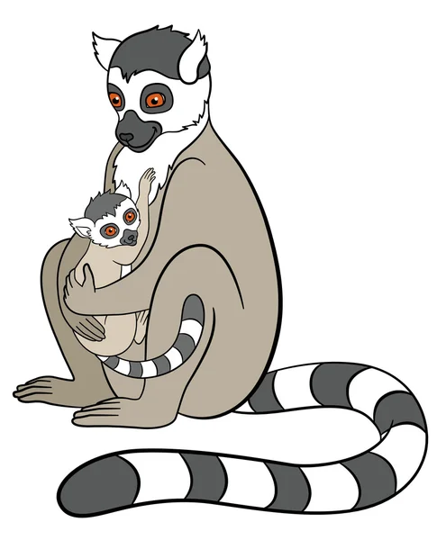 Cartoon animals for kids. Mother lemur with her baby. — Stock vektor