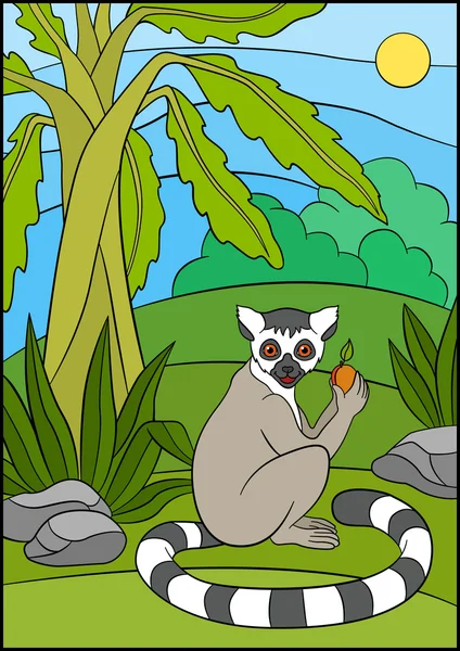 Animali dei cartoni animati per bambini. Piccolo lemure carino con frutta . — Vettoriale Stock