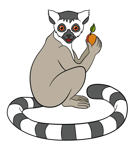 De dieren van de tekenfilm voor kinderen. Kleine schattige lemur met fruit. — Stockvector