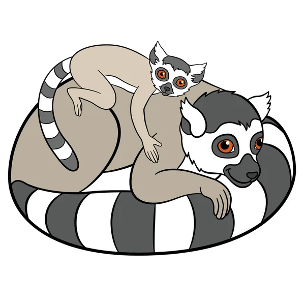 De dieren van de tekenfilm voor kinderen. Moeder lemur met haar baby. — Stockvector