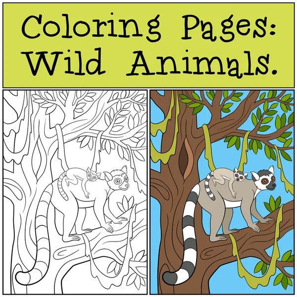 Coloring Pages: Wild Animals. Mother lemur with her baby. — Stockový vektor