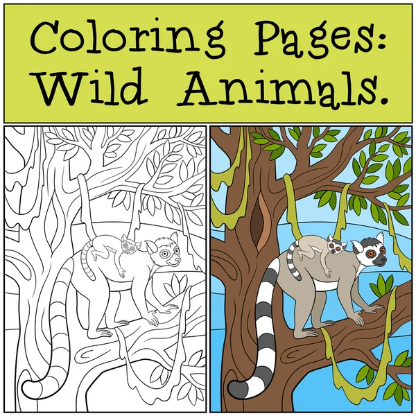 Coloring Pages: Wild Animals. Mother lemur with her baby. — Stockový vektor