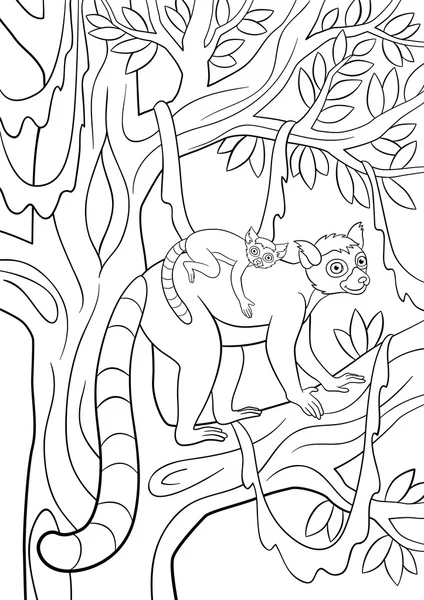 Coloring pages. Mother lemur with her little cute baby. — Stock Vector
