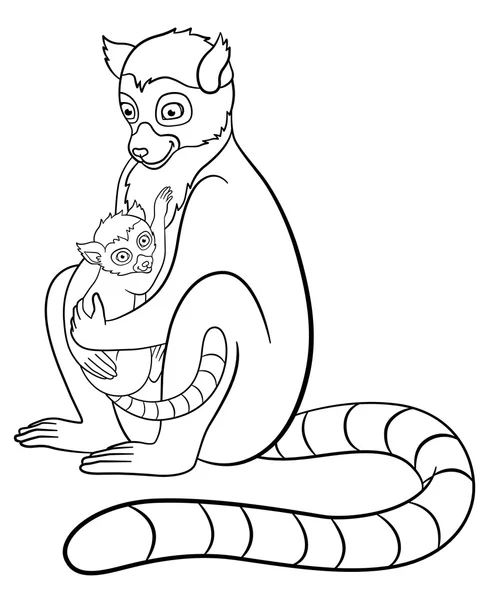 Coloring pages. Mother lemur with her little cute baby. — Stock Vector