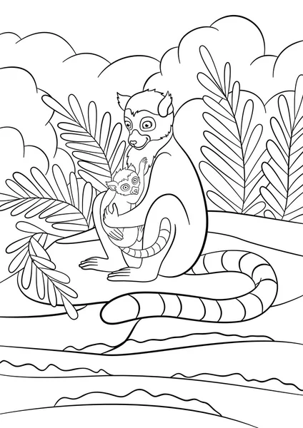 Coloring pages. Mother lemur with her little cute baby. — Stockový vektor