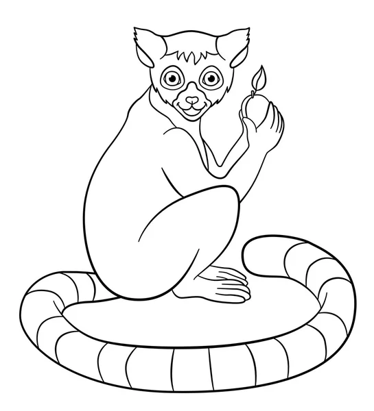 Coloring pages. Little cute lemur with fruit. — Stock vektor