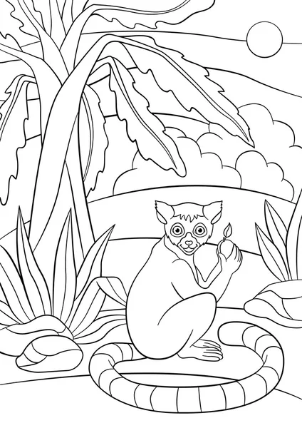 Coloring pages. Little cute lemur with fruit. — Stock Vector