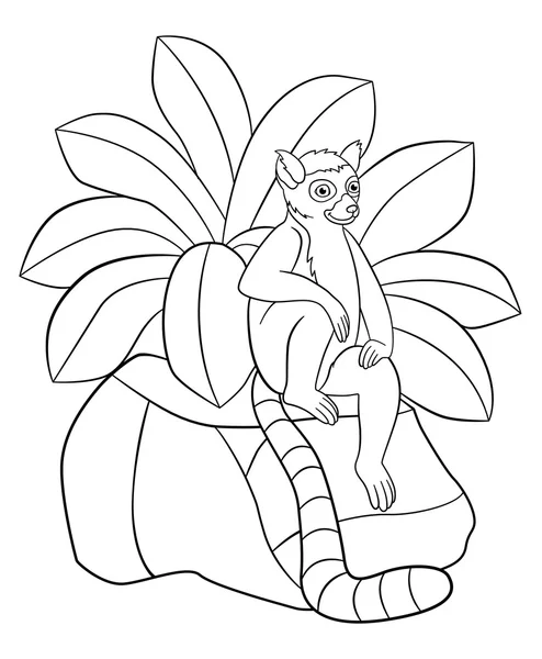 Coloring pages. Little cute lemur smiles. — Stock vektor