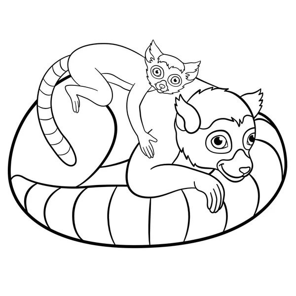 Coloring pages. Mother lemur with her cute baby. — Stock Vector