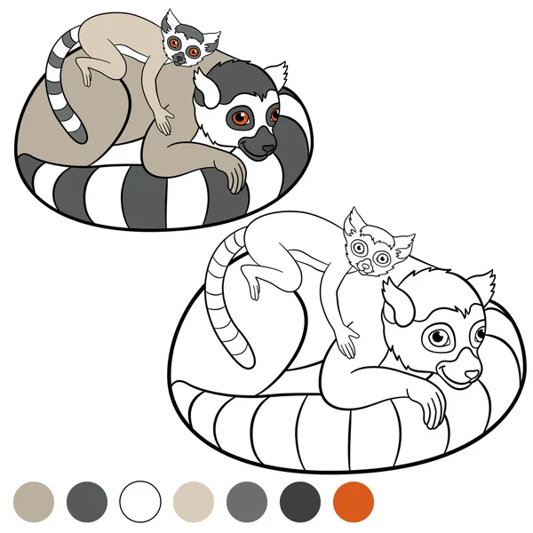 Color me: lemur. Mother lemur with her cute baby. — Stock vektor
