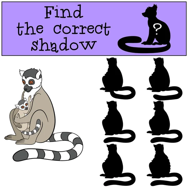 Juego educativo: Encuentra la sombra correcta. Madre lémur con bab — Archivo Imágenes Vectoriales