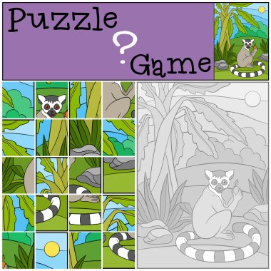 Eğitim oyun: Puzzle. Küçük şirin lemur meyve ile.