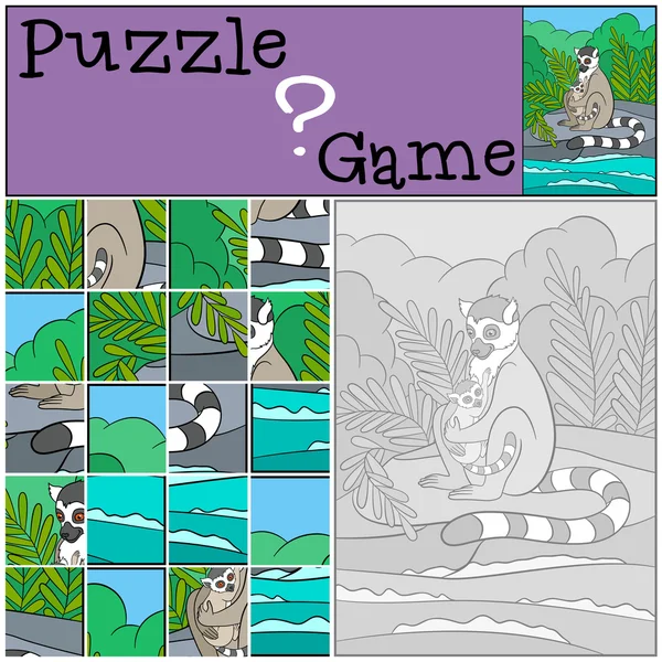 Juego de educación: Puzzle. Madre lémur con su bebé . — Vector de stock