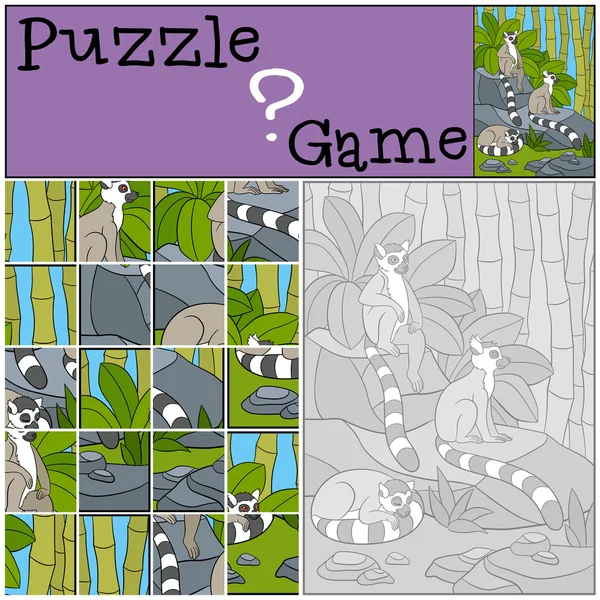Juego de educación: Puzzle. Tres pequeños lémures lindos . — Vector de stock