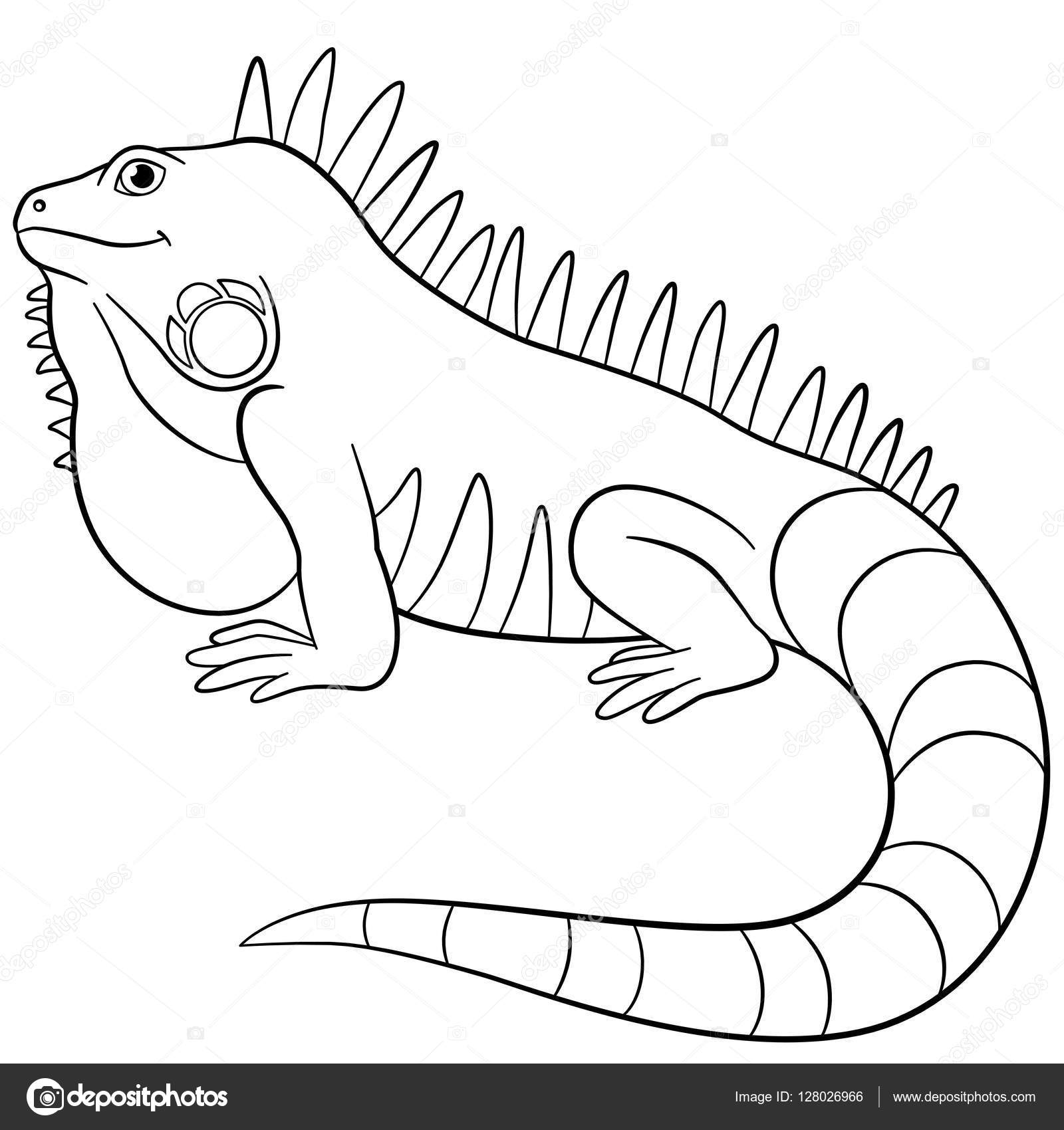 Coloring pages. Cute iguana smiles. Stock Illustration by ©ya-mayka  #128026966
