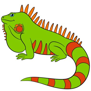 Karikatür hayvanlar. Sevimli yeşil iguana gülümsüyor.