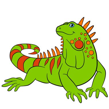 Karikatür hayvanlar. Sevimli yeşil iguana gülümsüyor.