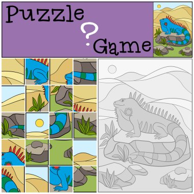 Eğitim oyun: Puzzle. Küçük şirin iguana kayanın üzerinde oturur.